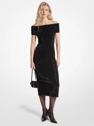 Embellished Stretch Knit Off-The-Shoulder Dress