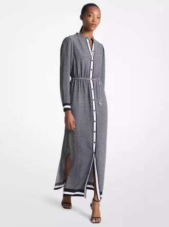 Logo Print Satin Belted Maxi Dress