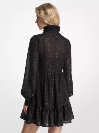 Metallic Clip Jacquard Tie-Neck Dress