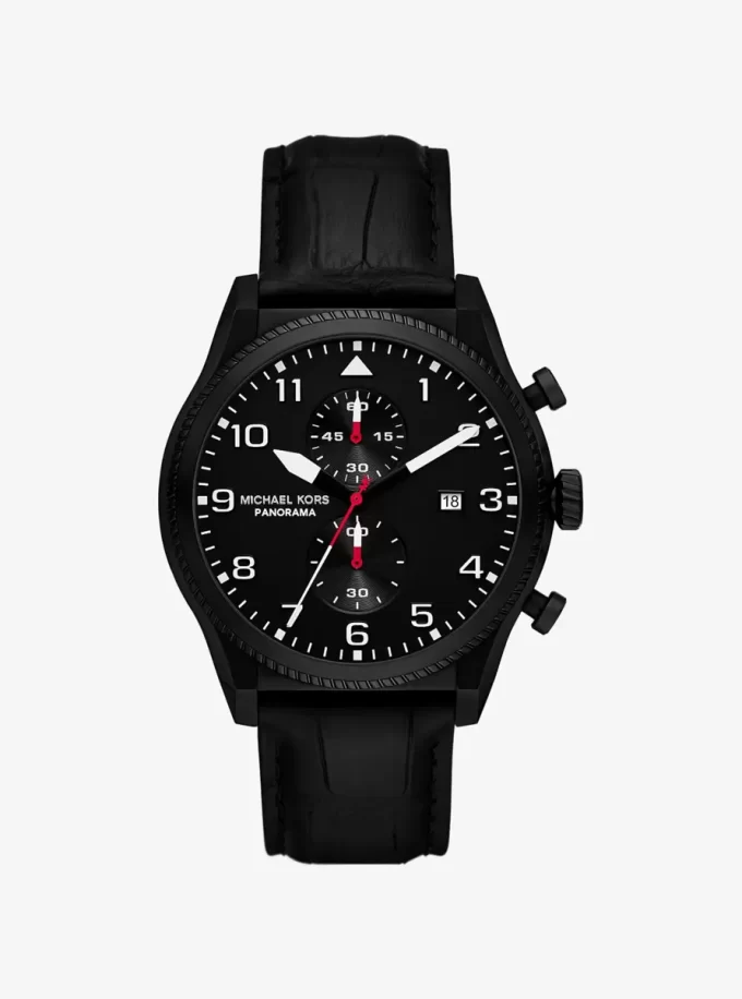 Oversized Panorama Black-Tone and Crocodile Embossed Leather Watch